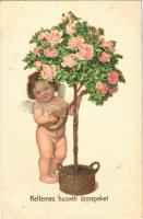 1930 Kellemes húsvéti ünnepeket / Children art postcard with Easter greeting, angel (fl)