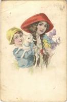 Children art postcard, girls with sheep and flowers. A.R. Nachf. W. Nr. 0562. (EB)