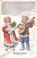 1917 Wesolych Swiat / Children art postcard with Christmas greeting. B.K.W.I. 2928-5. s: K. Feiertag + K.K. Schützen Rgt. No. 11. XXXII. Marsch-Baon (vágott / cut)