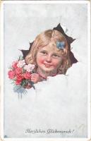 1914 Herzlichen Glückwunsch! / Children art postcard. B.K.W.I. s: K. Feiertag (EK)