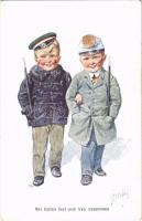 Wir halten fest und treu zusammen / Children art postcard with boys dressed in military uniforms. B.K.W.I. 852-1. s: K. Feiertag (EB)