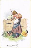 1911 Children art postcard, romantic couple. B.K.W.I. 773-5. s: K. Feiertag (EK)
