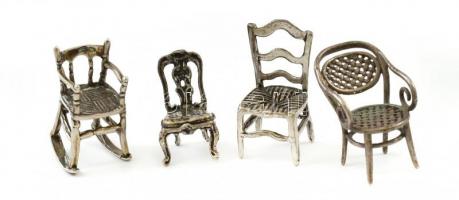 Ezüst(Ag) mini székek, 3 db különféle, az egyik jelzett, nettó: 24,6 g + 1 db mini fém szék