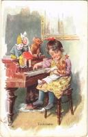 Tonkünstler / Children art postcard, girl with dolls and teddy bear at the piano. B.K.W.I. 480-4. s: K. Feiertag (EB)