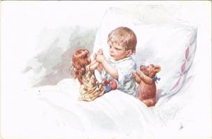 Children art postcard, boy with doll and teddy bear. B.K.W.I. 869-4. s: K. Feiertag