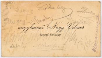 Nagybaconi Nagy Vilmos (1884-1976) honvéd hadnagy, későbbi vezérezredes, honvédelmi miniszter (1942-43) névjegykártyája, aláírásokkal, levelezőlapként megírva és postázva