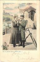 1900 Wo der perlende Wein im Becher glüht / Borozó pár kerékpárral / Couple drinking wine, bycicle (Rb)