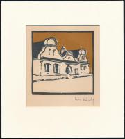 Kós Károly (1883-1977): Erdélyi utcarészlet, színes linómetszet, papír, utólagos jelzéssel, paszpartuban, 11×11 cm