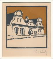 Kós Károly (1883-1977): Erdélyi utcarészlet, színes linómetszet, papír, utólagos jelzéssel, paszpart...