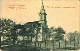 Szőreg (Szeged), Római katolikus templom. W.L. 6031. Schwitzer Jakab kiadása + &quot;SZŐREG P.U.&quot; + &quot;ARAD-SZEGED 87. SZ.&quot; mozgóposta