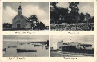 1940 Agárd (Gárdony), Római katolikus templom, park, Velencei-tó, csónakok, strand étterem. Nagy Vendelné kiadása (EK)