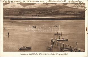 1937 Gárdony, Velencei-tó részlet a Sukorói hegyekkel, evezős csónakok, strand, fürdőzők (EK)
