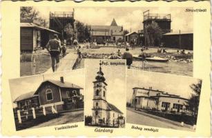 1939 Gárdony, Strand, fürdőzők, Vasútállomás, Református templom, Babay vendéglő, étterem (EK)