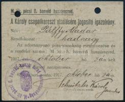 1917 M. kir. pécsi 8. honvéd huszárezred Károly csapatkereszt viselésére jogosító igazolvány