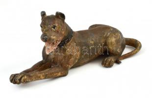 Bronzírozott, festett ón kutya figura 18 cm, kopott,