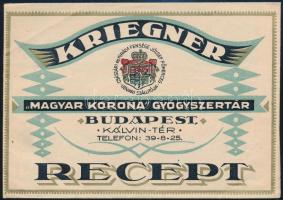 Kriegner Magyar Korona Gyógyszertár Budapest receptborítékja