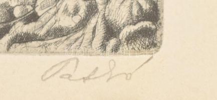 Patkó Károly (1895-1941): Biblia jelenet. Rézkarc, papír, jelzett. Üvegezett fa keretben. 9,5x14,5 c...