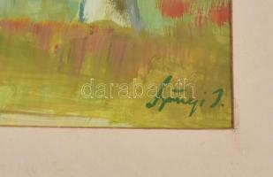 Szőnyi I jelzéssel: Emberek a tájban. Olaj, papír, paszpartuban. Hátoldalán csendélet ceruzarajz 34x...