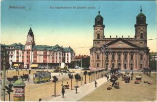 1915 Debrecen, Református nagytemplom és püspöki palota, villamos, piac, Első Magyar Általános Biztosító Társaság Főügynöksége, Bottó Kornél és Társa üzlete. Vasúti levelezőlapárusítás 20. sz. (EK)