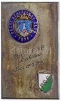 1932. PAC-PSE dísztorna - Pécs, 1932. III. 13. ezüstözött Br emlékplakett a Pécsi AC és a Pécsi SE zománcozott címereivel, eredeti tokban (62x40mm) T:2-