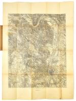 cca 1900-1910 Budapest és környéke térkép, 1:75.000, Cs. és Kir. Katonaföldrajzi Intézet, kiadói szecessziós papírborító ragasztott és kissé sérült, , térkép hajtott, lap széle kissé foltos és egy kisebb szakadással, 62x50 cm