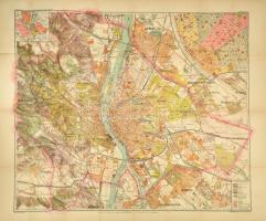 1913 Kogutowicz Budapest Székesfőváros térképe, 1:25.000, Magyar Földrajzi Intézet, kiadói, illusztrált Budapest címeres szecessziós papírborító sérült (kettészakadt) és foltos, térkép hajtott, szakadt, 70x85 cm