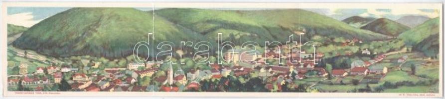 Trencsénteplic, Trencianske Teplice; Három része kinyitható panorámalap / 3-tiled folding panoramacard. Nakl. Zalcík a Ondreicka 1928.