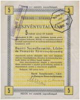 1923. Baróti Szeszfinomitó-, Likőr- ás Rumgyár Részvénytársaság öt darab részvényutalványa egyben, bélyegzésekkel, szárazpecséttel T:III