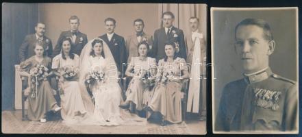 cca 1941 2 db katonafotó: esküvői csoportkép és portré, hátulján feliratozott/pecséttel jelzett, 8,5x6 cm és 13,5x9 cm