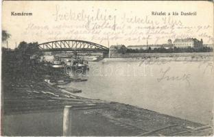 1917 Komárom, Komárno; részlet a kis Dunáról, híd, gőzhajó / Danube riverside, bridge, steamship (Rb)