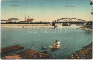 1912 Komárom, Komárno; Duna részlet, evezős csónak, híd / Danube riverside, rowing boat, bridge (Rb)