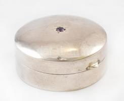 Ezüst (Ag) gyógyszeres/nyakláncos dobozka kis ametiszt kővel, Jelzett, d:30 mm, 14,27 g