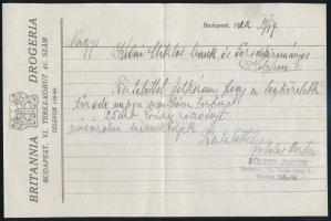 1922 Britannia Drogéria gyógyszertár fejléces levélpapír tőzsdei megbízással
