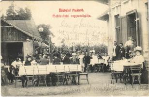 1912 Piski, Simeria; Mohila Antal nagyvendéglője, étterem, kert vendégekkel és pincérekkel / restaurant, garden with guests and waiters (kis szakadás / small tear)