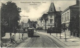 1910 Nagyszeben, Hermannstadt, Sibiu; Schewisgasse / Schewis utca, villamos. Georg Mayer kiadása / street view, tram (szakadás / tear)