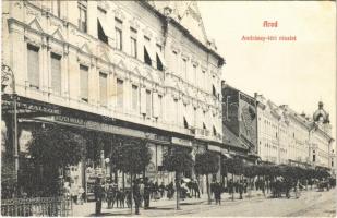 Arad, Andrássy tér, Központi szálló, Hilyer Mihály, Kerpel Izsó könyv és papírkereskedés, Singer Sándor, Sugár József, Weinberger János és Lengyel Lőrinc üzlete / square, hotel, shops (Rb)