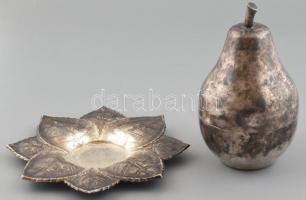 Retró üveg felespohár készlet (6 db), körte alakú alumínium tartóban, leveles tálcával, m: 16 cm, d: 19 cm