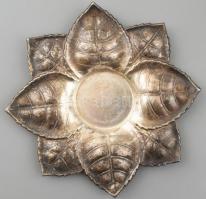 Retró üveg felespohár készlet (6 db), körte alakú alumínium tartóban, leveles tálcával, m: 16 cm, d:...