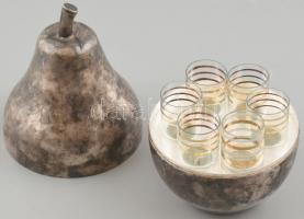 Retró üveg felespohár készlet (6 db), körte alakú alumínium tartóban, leveles tálcával, m: 16 cm, d:...