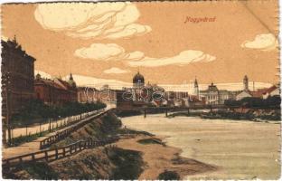 1915 Nagyvárad, Oradea; Körös részlet, zsinagóga, híd. Rákos Vilmos kiadása / Cris riverside, synagogue, bridge (fl)