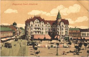 Nagyvárad, Oradea; Szent László tér, piac, Fekete Sas szálloda, villamos, Cziller Imre üzlete, gyógyszertár, zsinagóga. Rákos Vilmos kiadása / square, market, hotel, tram, shops, pharmacy, synagogue