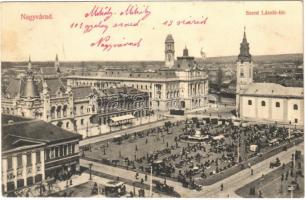 Nagyvárad, Oradea; Szent László tér, Városháza, piac, villamos, takarékpénztár. Rigler József Ede kiadása / square, town hall, market, tram, savings bank (Rb)