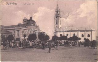 1914 Nagyvárad, Oradea; Szent László tér, piac, Városháza, templom. Sonnenfeld Adolf kiadása / square, market, town hall, church (EK)