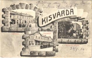 1912 Kisvárda, Városháza, üzletek, Pályaudvar, vasútállomás, vonat, gőzmozdony, várrom. Klein Gyula kiadása (EK)