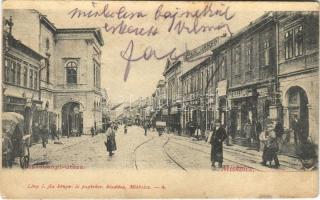 1903 Miskolc, Széchenyi utca, Herz Samu, Pick Jakab, Ungár József üzlete, villamos. Lövy J. fia kiadása (fl)