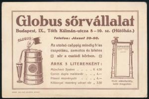 cca 1930 Globus sörvállalat sör reklám nyomtatvány 10x15 cm