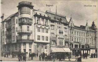 Zagreb, Zágráb; Jelacicev trg, Dimovic, Rudovits, Fuchs Zubar, Leop. Schwarz, Anker, G. Poppovic, shops / tér és üzletek