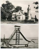 Balatonfenyves, vasútállomás, Tanácsház, Bányász üdülő, új iskola, strand, csúszda - 6 db modern kép...