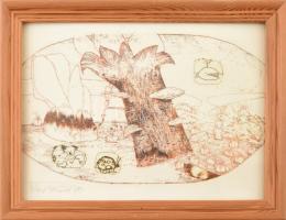 Vetlényi Zsolt (1967-): Repülő bálna és alvó koalák (cím nélkül), 1989. Rézkarc, ofszet, papír, jelzett, üvegezett fa keretben, 14×23 cm