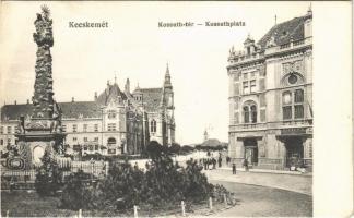 Kecskemét, Kossuth tér, Szentháromság szobor, Gyenes S. üzlete, gyógyszertár. Fekete Soma kiadása